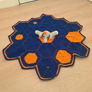 Crochet Geometric Baby Blanket Lovey Elephant Stuffed Animal Orange Blue Grey